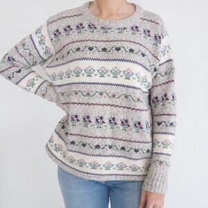Vintage Northern Reflections Grey Purple Floral Knit Crewneck Sweater L